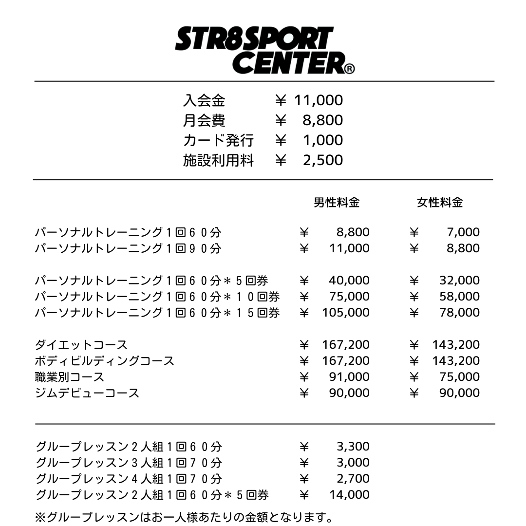 福島市 ストレートスポーツセンター 料金一覧表