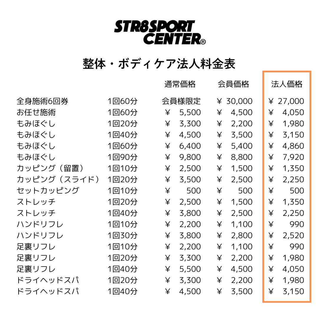 ストレートスポーツセンター整体法人料金表
